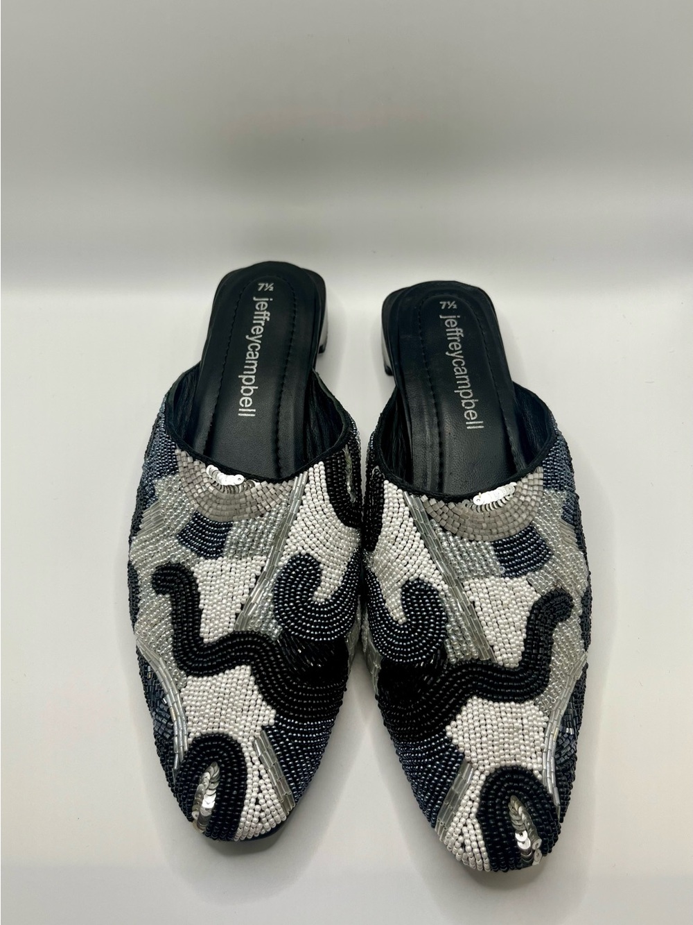 Jeffrey Campbell Black, Silver & White Beaded Slip-On Mules